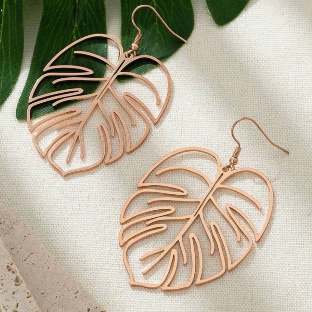 Leaf Design Rose Gold Hollow Out Super Light Weight Fishhook Earrings NWT - Picture 3 of 7